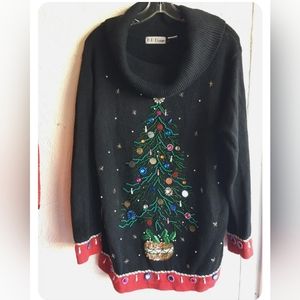 Womens Black Beaded Jeweled Christmas Tunic Sweater by BP Designs sz L